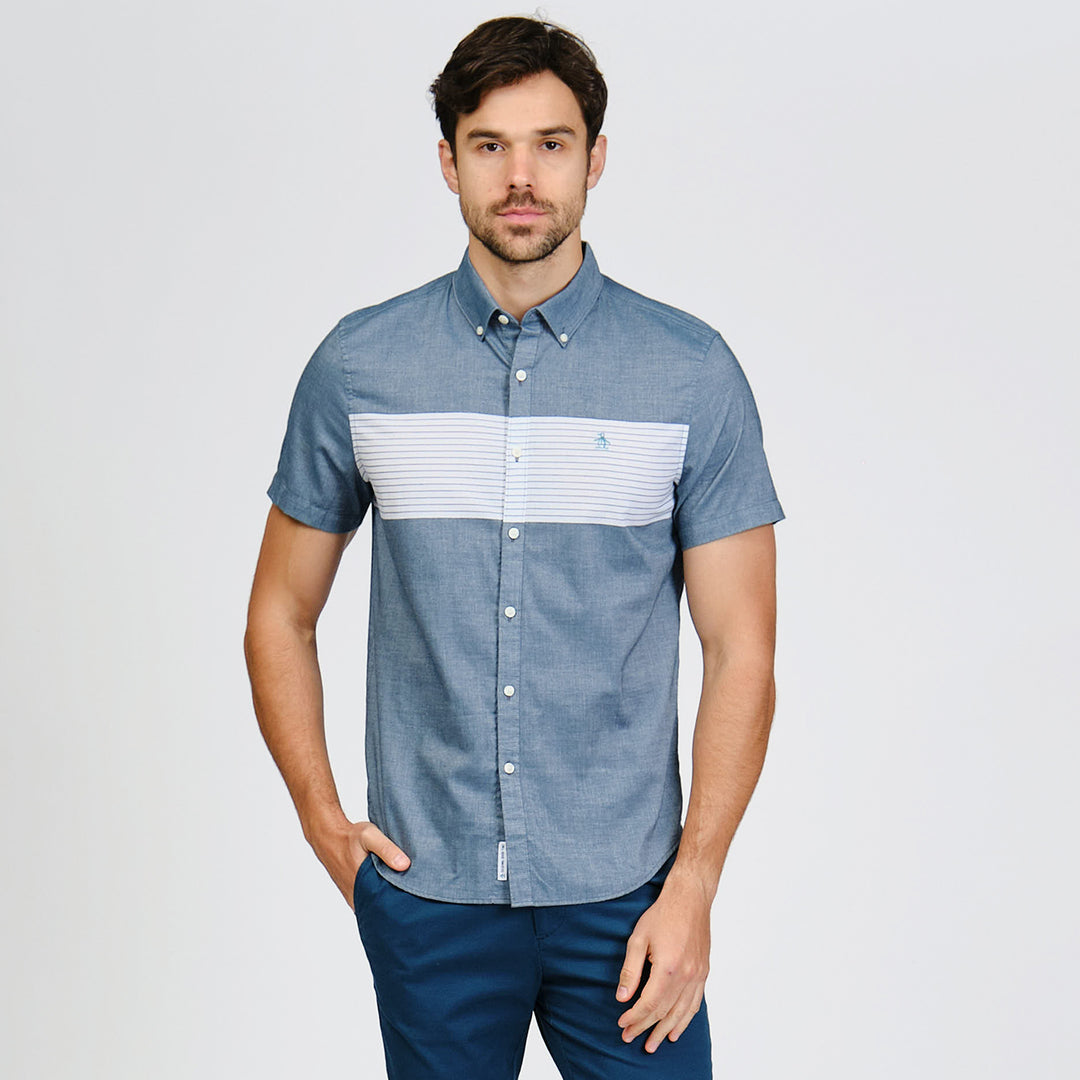 Camisa Manga Corta Con Bloque De Color En Pecho