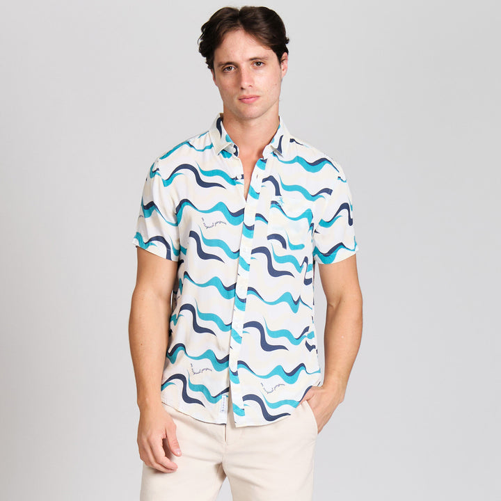Camisa Manga Corta De Viscosa Full Print Multi Olas
