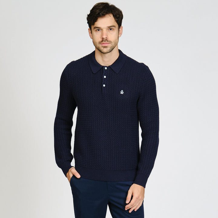 Suéter Polo De Manga Larga Con Puntada Zigzag