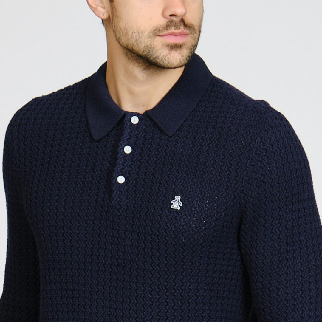 Suéter Polo De Manga Larga Con Puntada Zigzag
